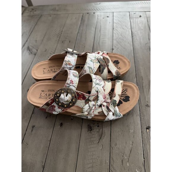 L'ARTISTE Spring Step Yarden Floral Strappy Wedge Sandals Leather Size 38 / 7.5 - Picture 6 of 7